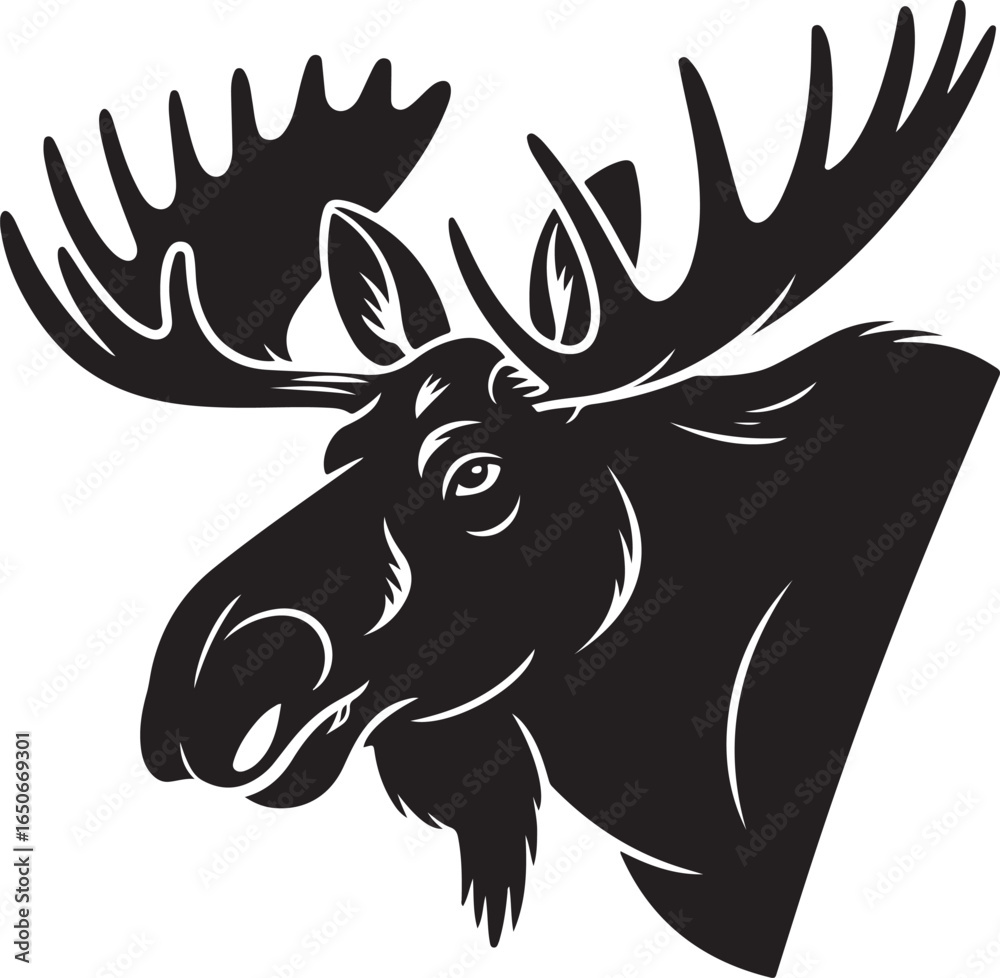 Obraz premium Black Silhouette of a Moose Head with Large Antlers on White Background animal