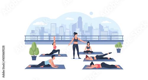 Rooftop yoga class with instructor overlooking the city skyline. Group of people practicing fitness and wellness outdoors.