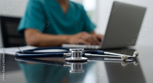 Doctor using laptop with stethoscope on desk