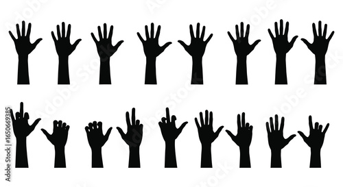 Black silhouettes of hands raised with fingers in different positions