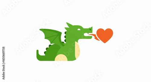 Cute green dragon breathing a love heart. Adorable cartoon fantasy creature blowing romantic fire on an isolated white background.