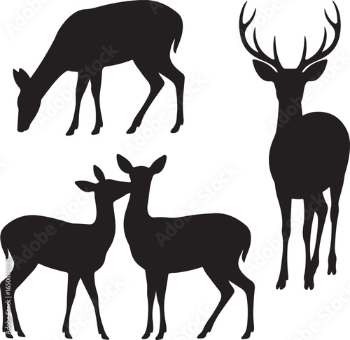 Four Black Deer Silhouettes One Buck Two Does and One Fawn on White animal wildlife