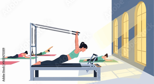 Pilates Workout Illustration of Women Exercising on Pilates Reformers in a Bright Studio
