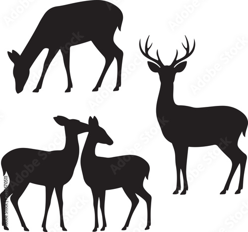 Four Black Deer Silhouettes One Buck Two Does and One Fawn on White animal wildlife