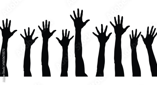 Many raised hands in a crowd silhouette against a white background