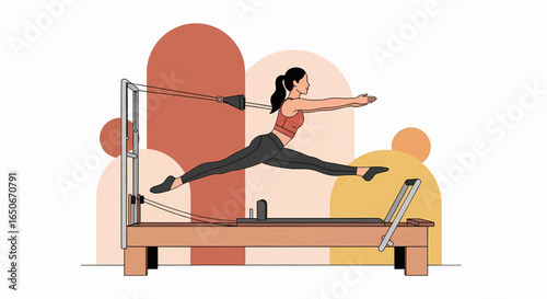 Illustration of a woman in a split stretch pose on a reformer machine, a concept for pilates, fitness, and wellness