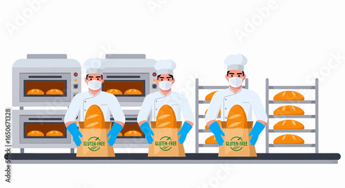 Bakers in uniform with masks carrying bags of gluten-free bread on a conveyor belt in a bakery