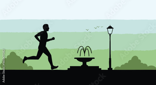 Silhouette illustration of a man running in a city park, jogging past a fountain for a healthy outdoor exercise routine
