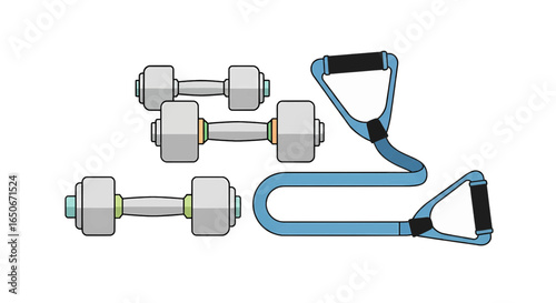 Vector illustration set of home gym and fitness equipment, including various dumbbells and a resistance band for strength training.