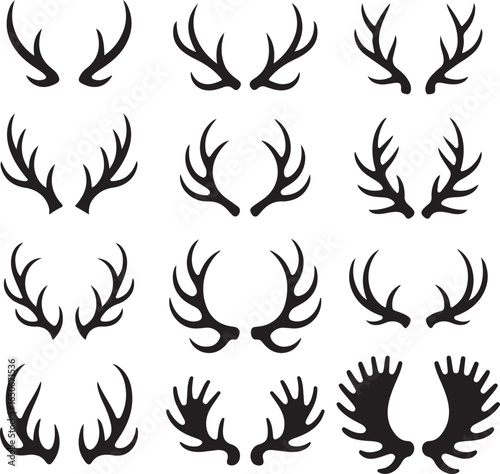 Collection of twelve black silhouette illustrations of various deer and moose antlers on a white