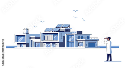 Scientist observes an innovative sustainable home with solar panels, showcasing modern eco-friendly architecture and renewable energy solutions for a greener future.