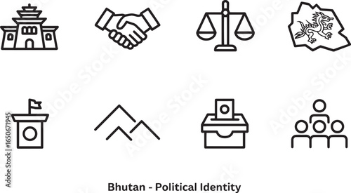 Bhutanese Political Identity Outline Icons Set Depicting National Symbols and Governance