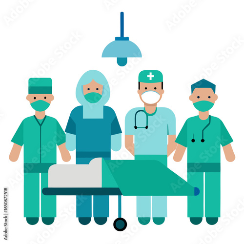 Medical team standing around patient on gurney under surgical lamp
