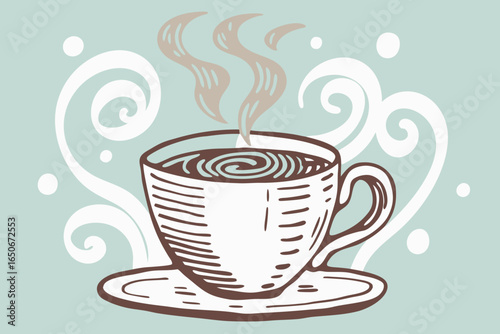 Set of Hand Drawn Coffee Cup with Swirling Steam and Decorative Elements on Light Blue Background drink