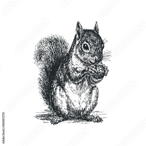 Detailed sketch of a squirrel holding a nut in its paws, on a white background