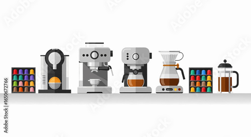 Coffee Makers and Pods Displayed in a Row, Featuring Various Brewing Styles