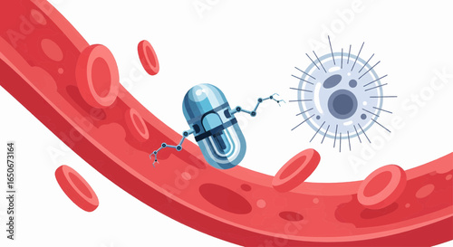 Futuristic nanomedicine concept showing a nanobot robot inside a blood vessel targeting a virus or cancer cell