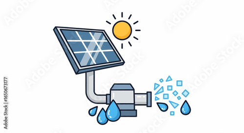 Sustainable solar powered water pump system illustration, depicting clean energy for irrigation and environmental conservation efforts.