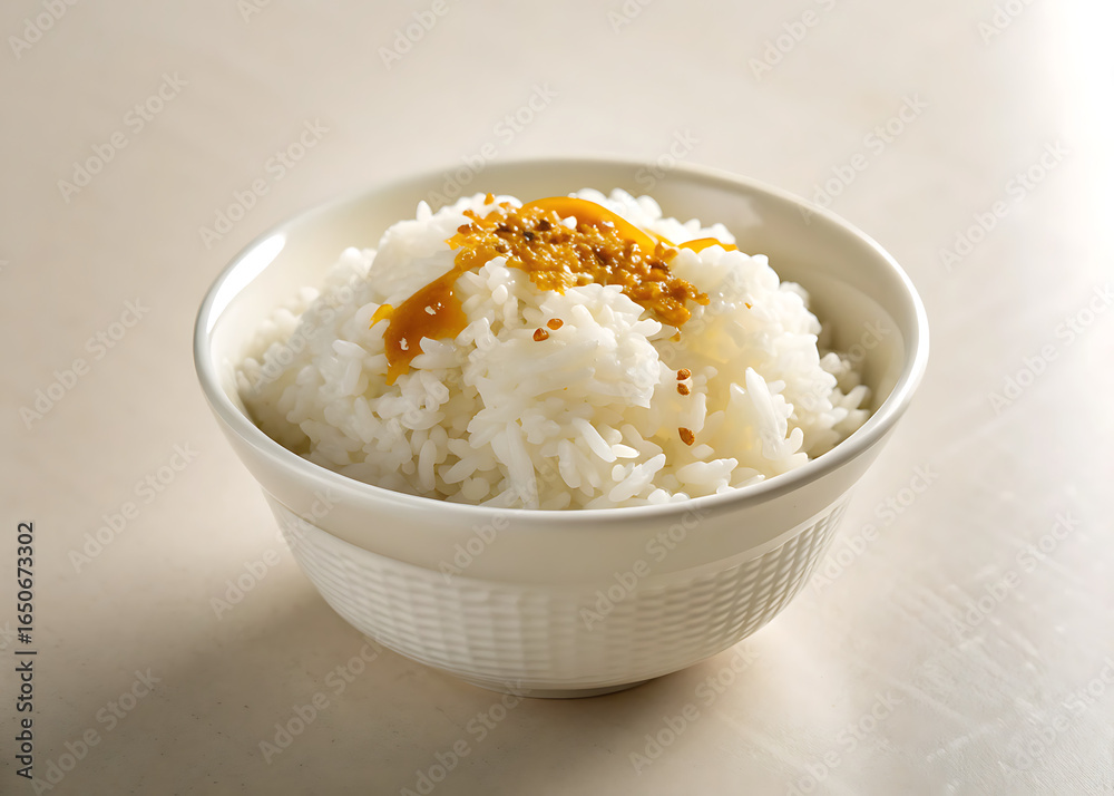 A simple and healthy meal of a white bowl of cooked rice and cottage cheese A simple and healthy meal of a white bowl of cooked rice and cottage cheese