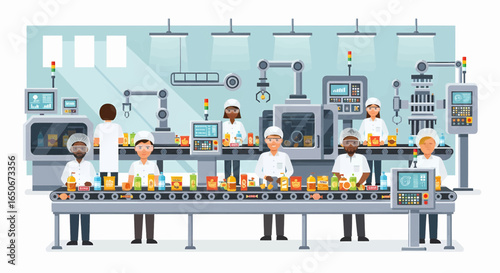 Illustration of a diverse group of workers managing an automated food production line in a factory