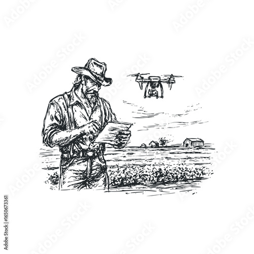 Farmer in hat reviews document with drone flying over crops and distant barn