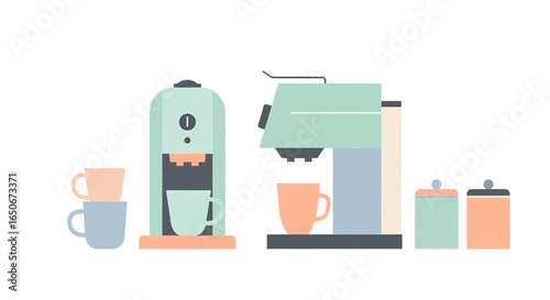 Minimalist Coffee Preparation Coffee Makers, Cups, and Storage Jars in Pastel Tones
