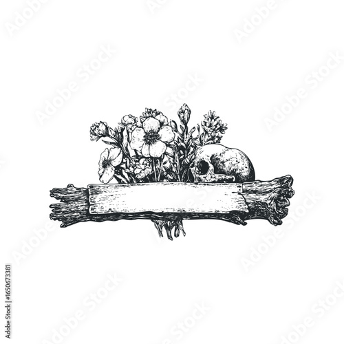 Skull and Flowers Arrangement on Distressed Wood Plank