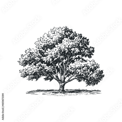 Detailed ink sketch of a mature deciduous tree with sprawling branches and dense foliage