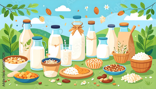 Array Of Milk Bottles And Containers With Ingredients In A Pixilated Style Against A Green Background