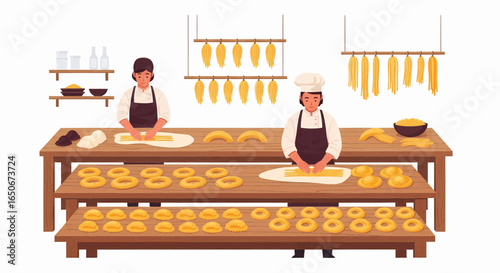 Skilled chefs meticulously prepare and shape fresh dough on wooden tables, depicting the artisanal process of food craftsmanship and culinary production.