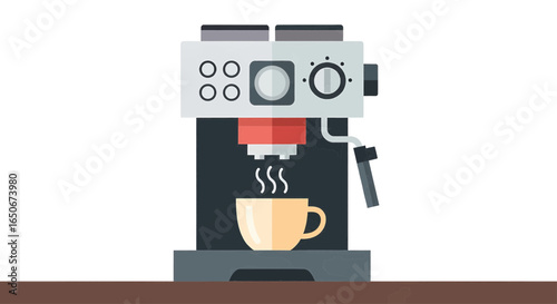 Illustration of a modern espresso machine brewing a steaming cup of hot coffee, symbolizing a cozy morning ritual and the perfect start to the day.