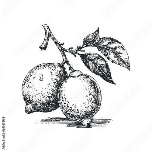 Engraved style drawing of two lemons on a branch with leaves