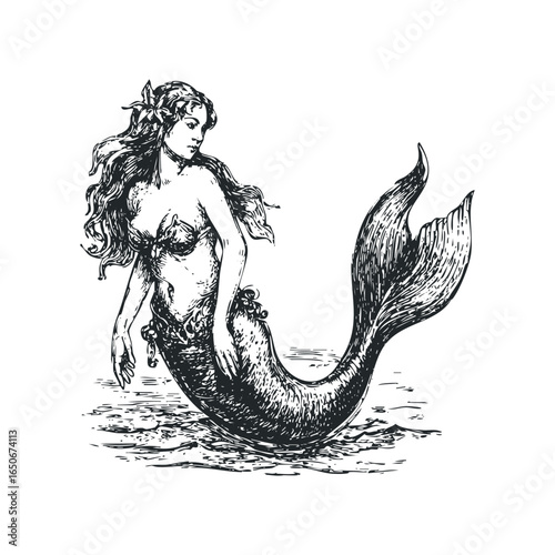 Mythical mermaid with flowing hair emerging from water