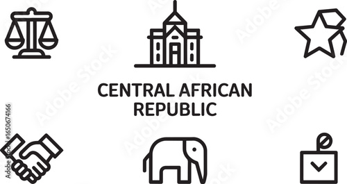 Central African Republic National Symbols Outline Icons Set. Justice, Government, Star, Handshake, Elephant