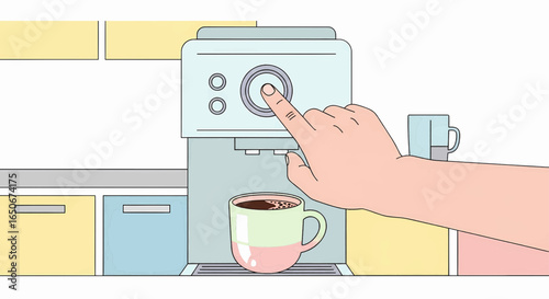 Illustration of a hand pressing a button on an automatic coffee machine, brewing a fresh cup of morning beverage in a modern kitchen setting.
