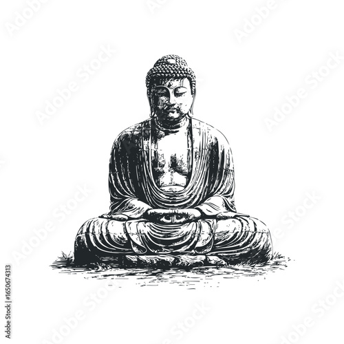 Seated Buddha Statue Sketch in Meditation Pose on Grassy Ground