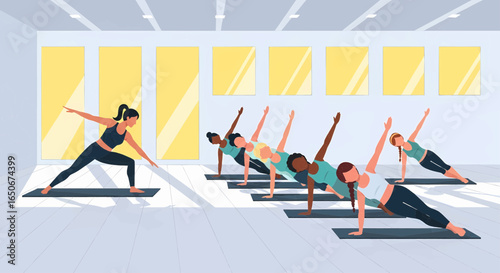 Yoga class with diverse group of people doing side plank pose under the guidance of an instructor