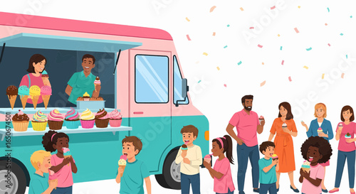 Illustration of an Ice Cream Truck Serving Customers