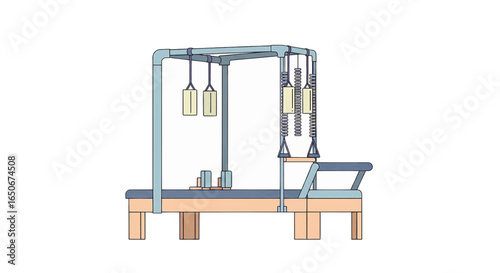 Pilates reformer with tower vector illustration for fitness and wellness. Isolated studio exercise equipment for core strength and rehabilitation.