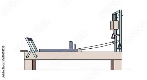 Side view of a Pilates reformer equipment for studio workouts. Flat vector icon for wellness, rehabilitation, and fitness concepts.