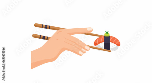 Hand holding a piece of delicious sushi with chopsticks, showcasing the art of Japanese dining and a refined Asian culinary experience.