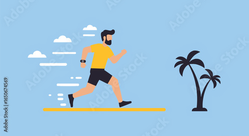 Vector illustration of a bearded man running outdoors. Concept for active healthy lifestyle, jogging, fitness, and cardio exercise