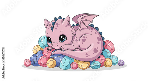 Adorable Baby Dragon Nestled Among Colorful Gems