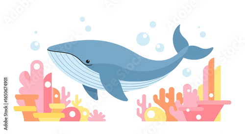 Whimsical Underwater Scene Blue Whale Gracefully Swimming Amongst Coral Reefs and Bubbles