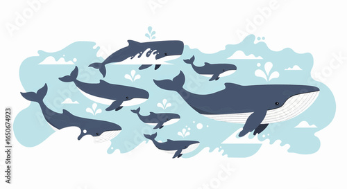 Stylized illustration of a pod of whales, including blue and sperm whales, swimming majestically in the sea.