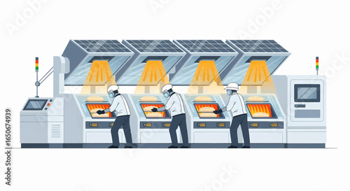Advanced industrial factory assembly line with workers in protective suits operating modern automated machinery for innovative production.