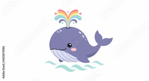 Cute cartoon whale spouting a rainbow fountain in the ocean waves. Adorable purple marine animal character illustration for kids.