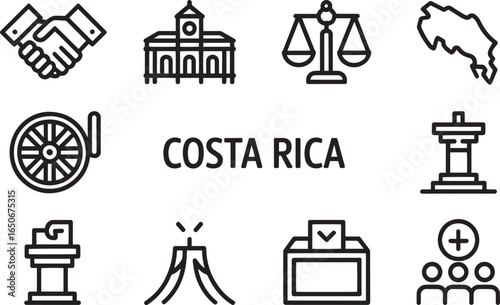Costa Rica Government Outline with Handshake, Justice Scale, Volcano, and Voting Box Icons