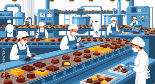 Automated chocolate factory production line with workers in hygiene wear overseeing the process of making sweets