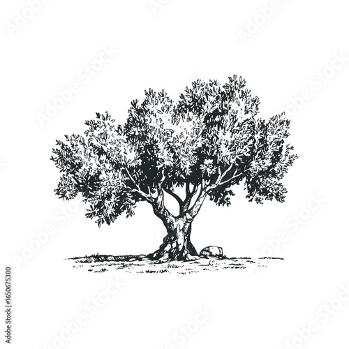 Detailed ink drawing of a mature, gnarled olive tree on a white background